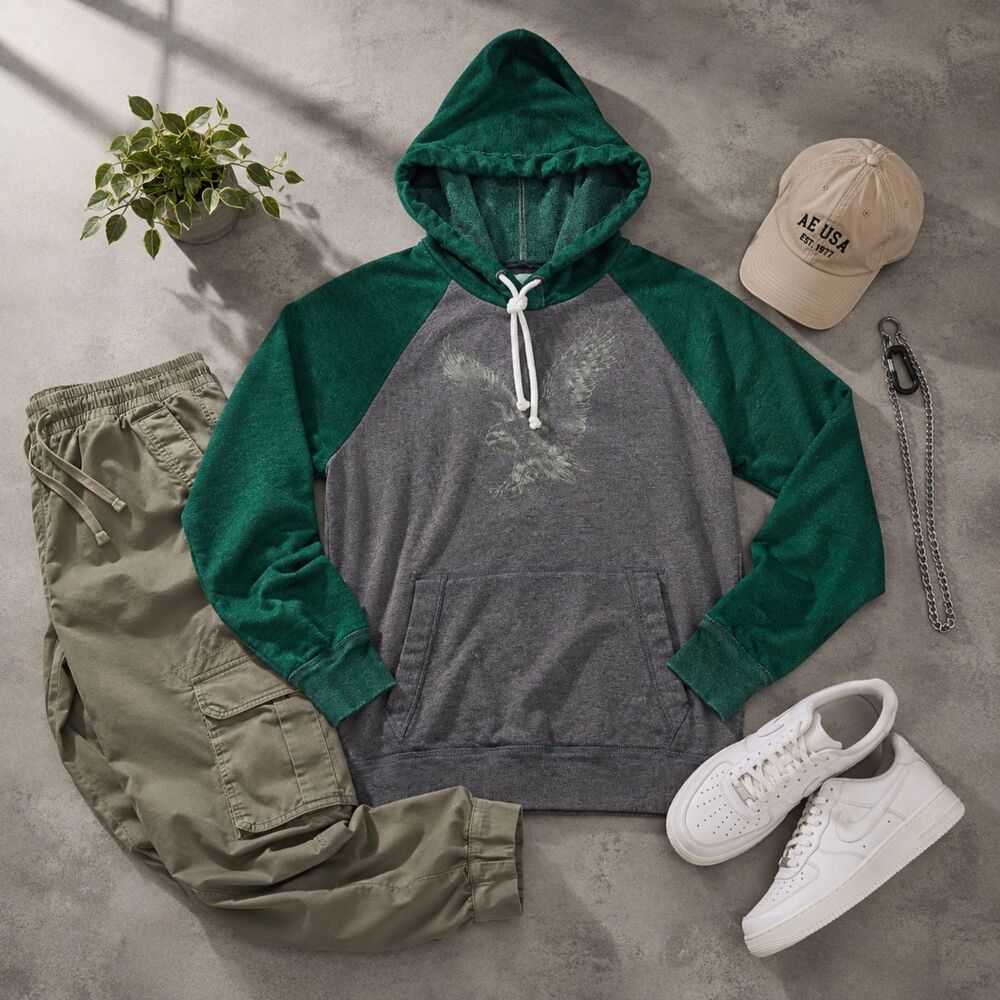 American Eagle Vintage Hoodie Gray Green Pullover Eagle Graphic Men’s S